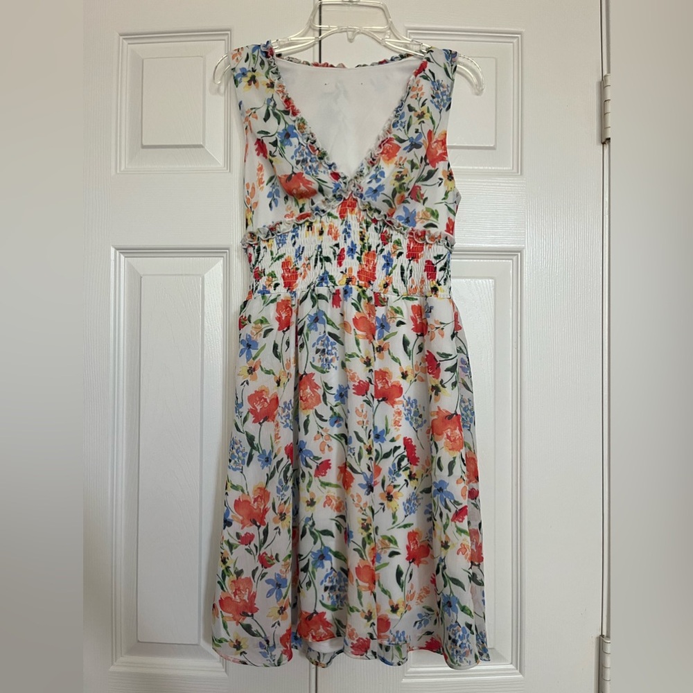 White V Neck Sundress with Vibrant Red, Blue & Yellow Floral Print